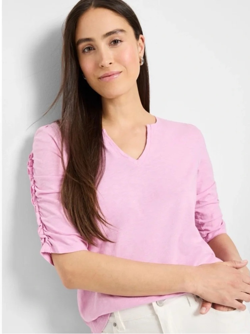 Nic + Zoe Pink V-Neck Tee with Ruched Sleeve - NWT Size XL